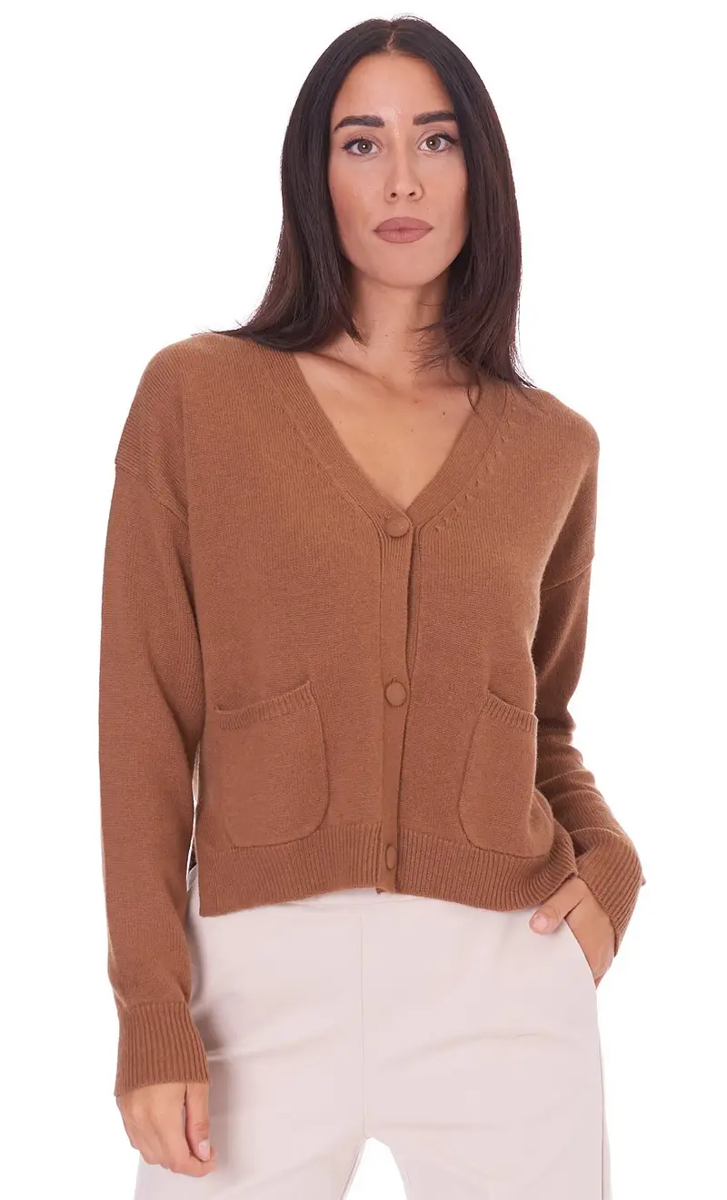 Cardigan corto white wise con spacchi laterali, colore cammello