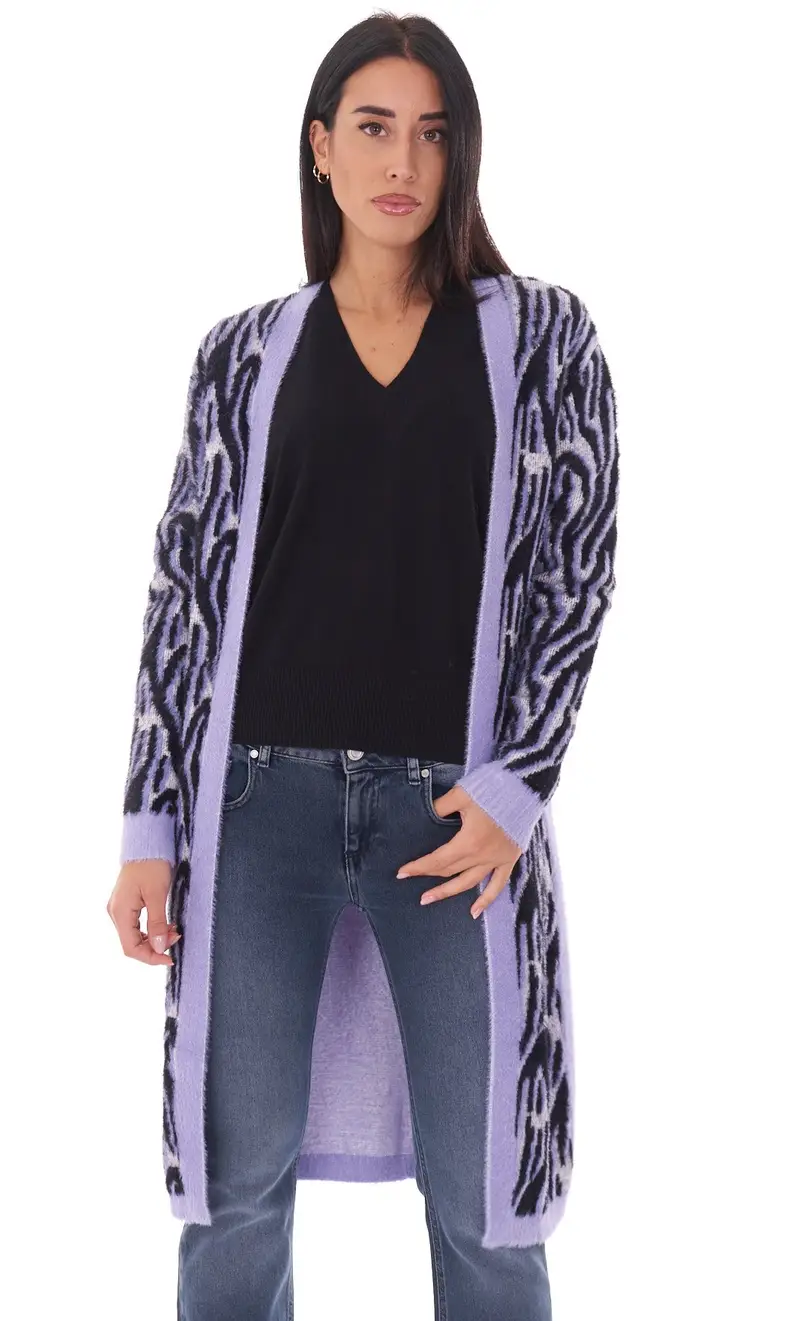 Cardigan lungo white wise zebrato, colore lilla