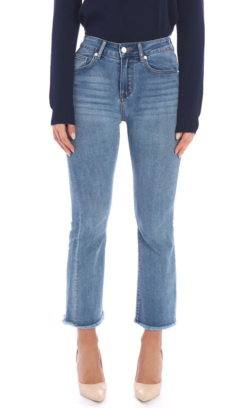 Jeans white wise bootcut sfrangiato in denim lavato, colore blu