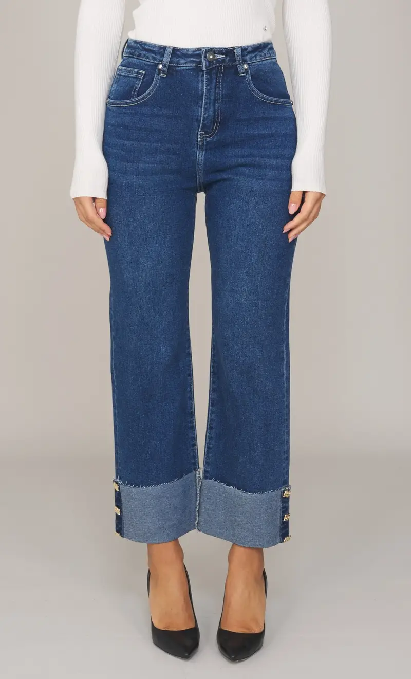 Jeans white wise con risvolto e bottoni gioiello - mary, colore blu