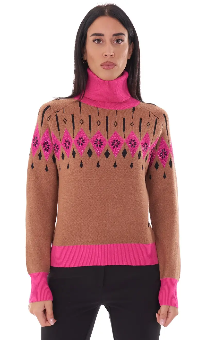 Maglia collo alto white wise fair isle, colore cammello