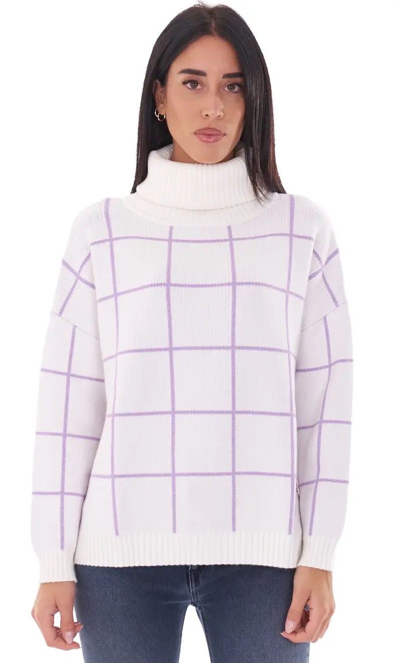 Maglia dolcevita white wise a quadri over fit, colore bianco