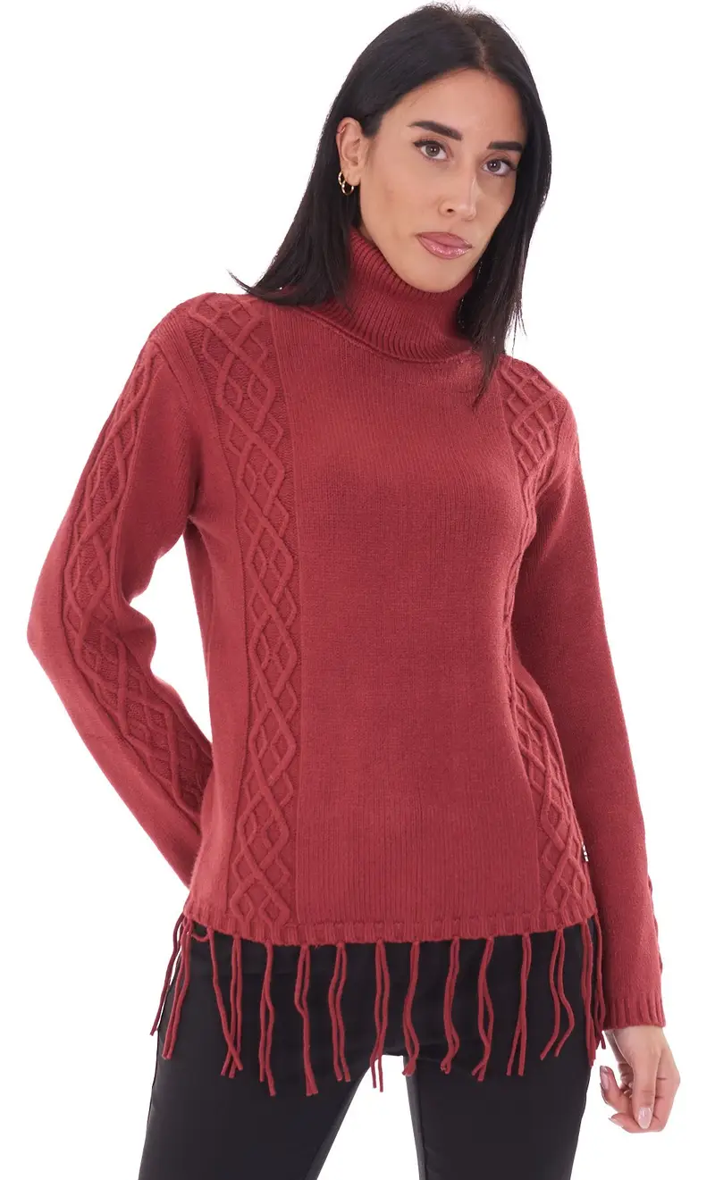 Maglia dolcevita white wise con frange, colore mattone