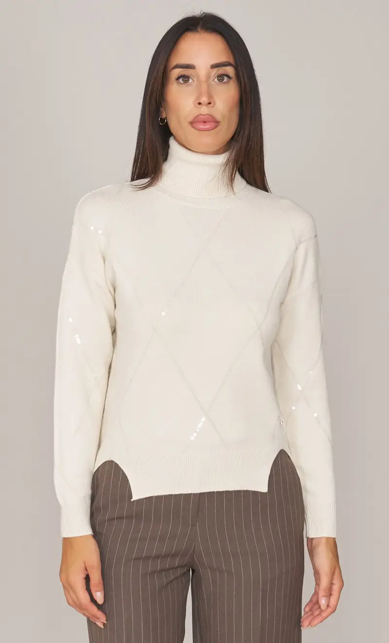 Maglia dolcevita white wise con rombi lurex, colore panna