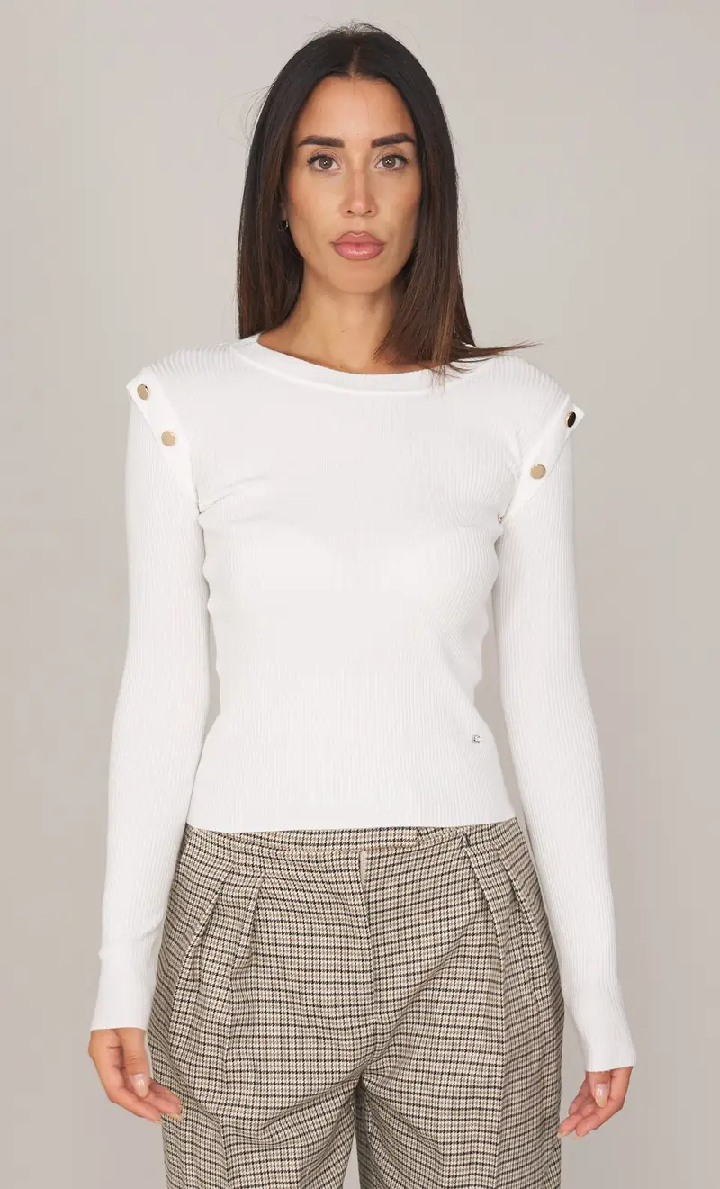 Maglia girocollo white wise a costine con bottoni oro, colore panna