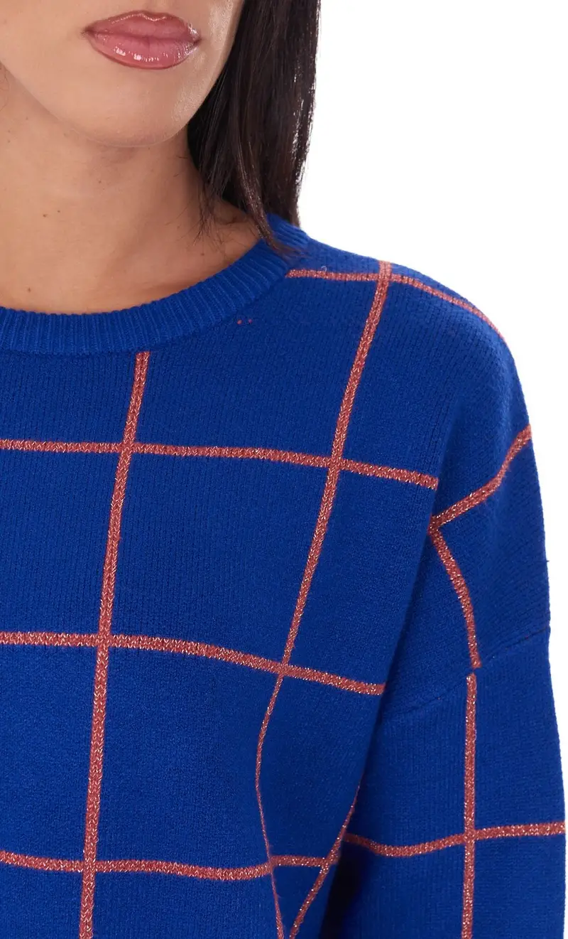 Maglia girocollo white wise a quadri over fit, colore bluette miniatura 2