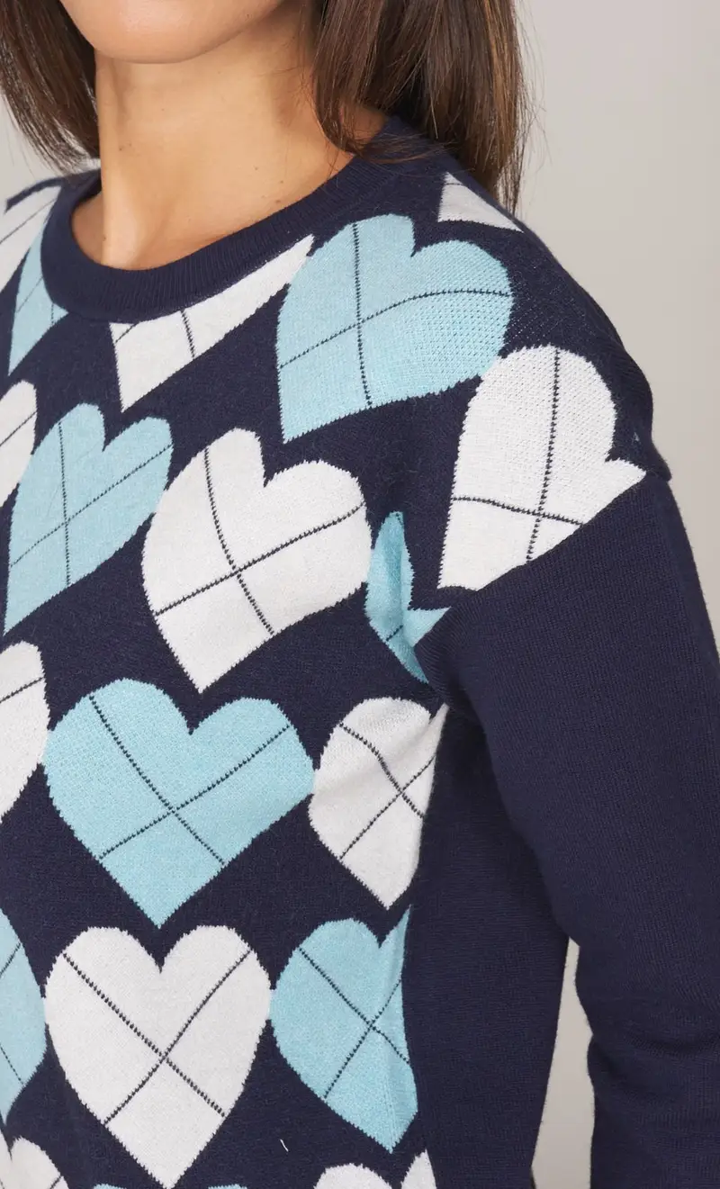 Maglia girocollo white wise con cuori, colore blu miniatura 2