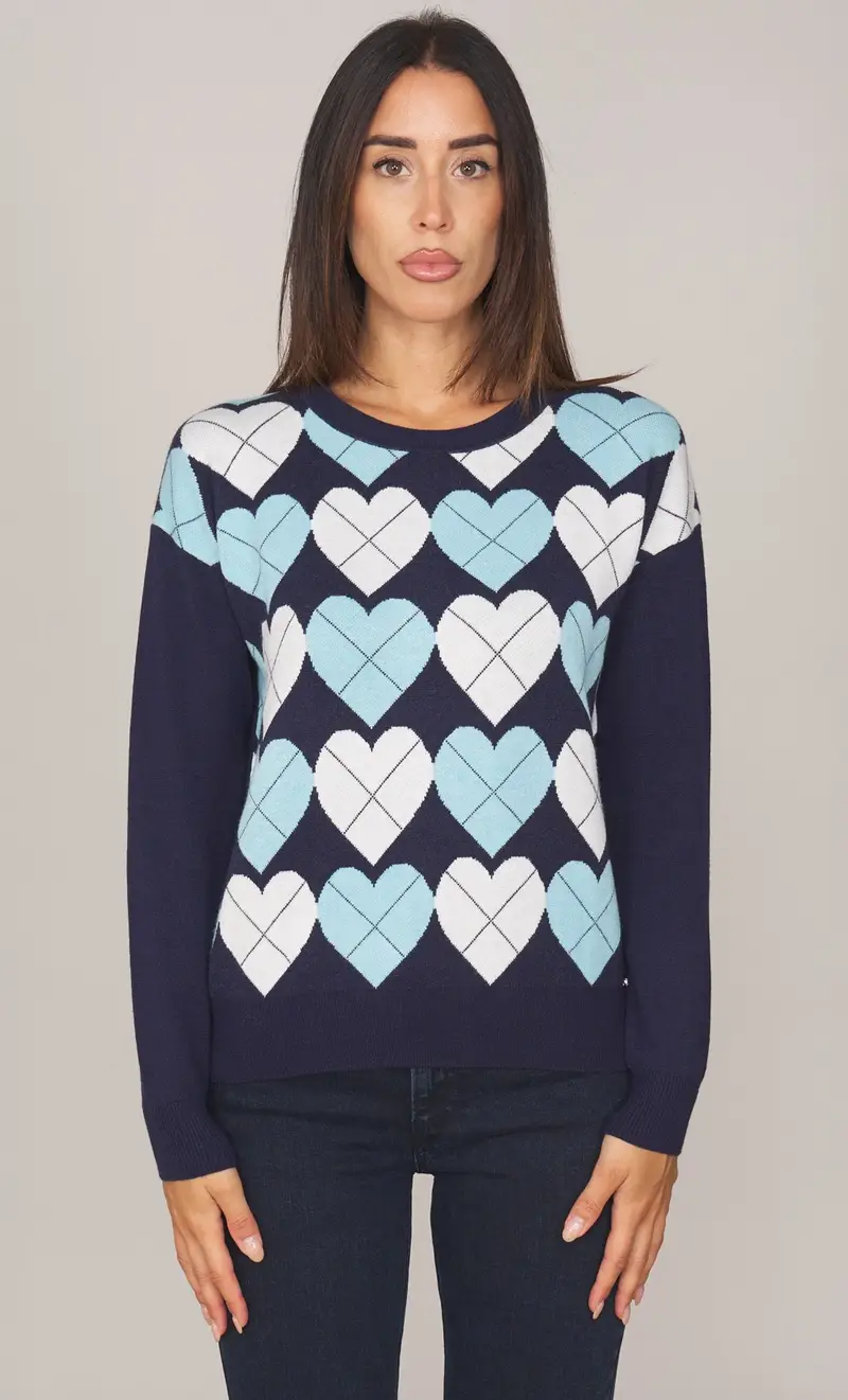 Maglia girocollo white wise con cuori, colore blu