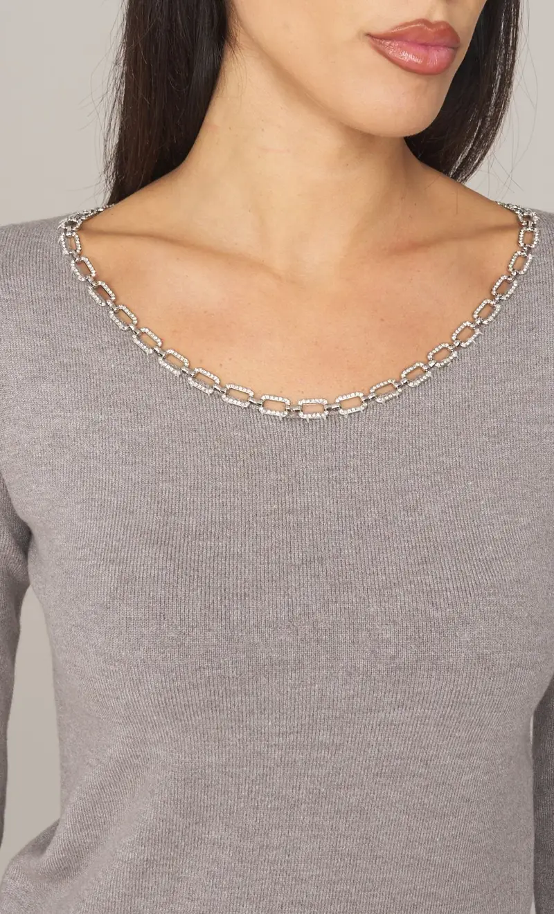 Maglia white wise scollo a punta con catena, colore grigio miniatura 2