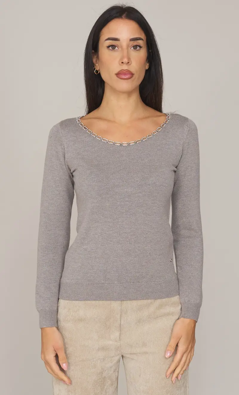 Maglia white wise scollo a punta con catena, colore grigio