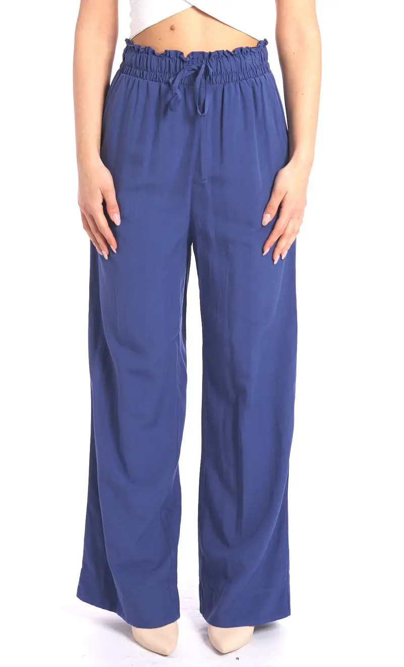 Pantalone palazzo white wise in misto lino con elastico, colore blu