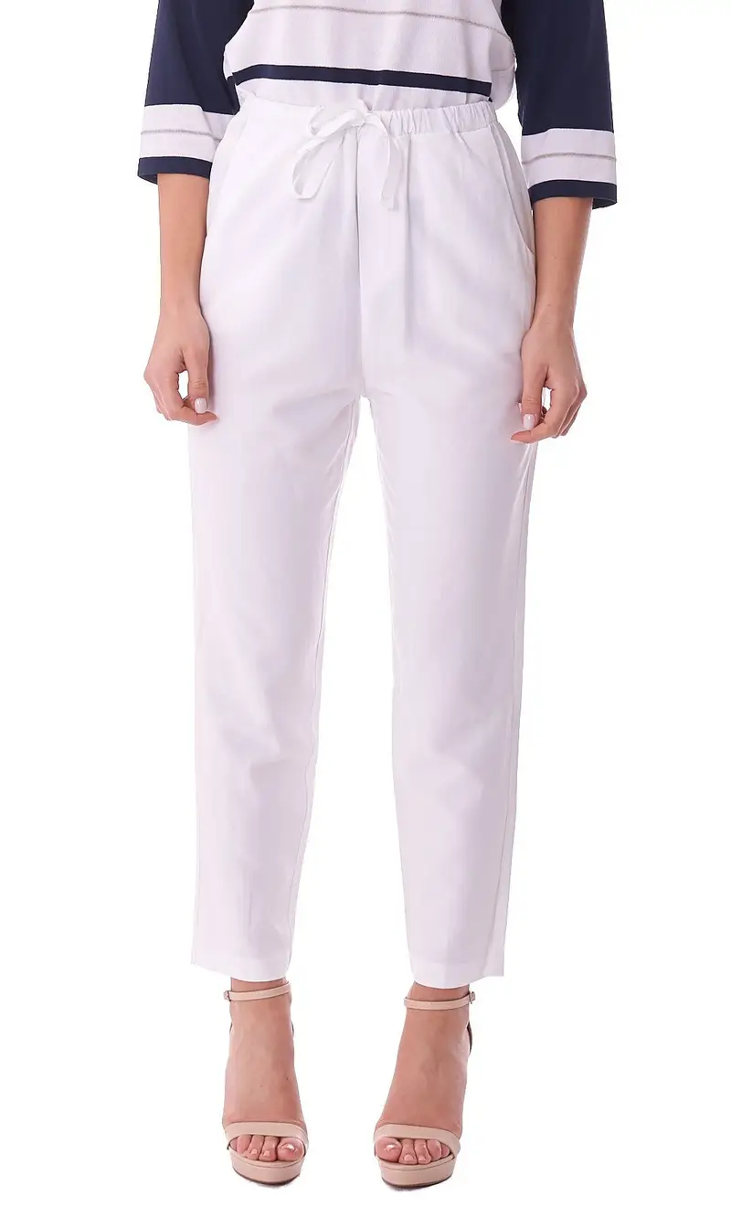 Pantalone white wise in misto lino con elastico, colore bianco