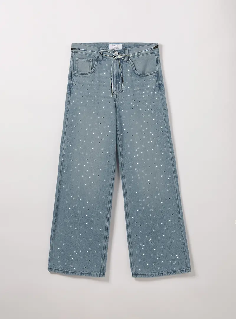 Wide leg con cintura e con strass