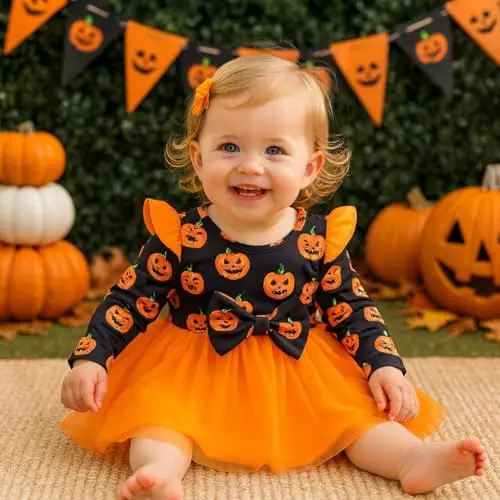 Winmany tutù di Halloween per Bambina Vestito da Bambina Vestiti per Neonati a Maniche Lunghe con Pagliaccetti di Zucca miniatura 2
