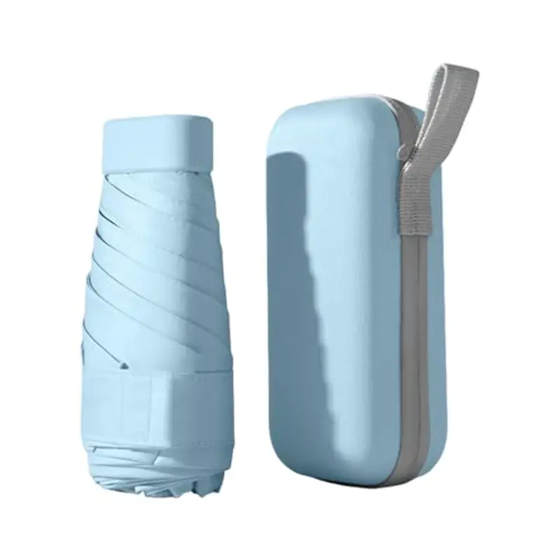 Wisebom Mini Ombrello con Custodia, 6 Costole Ombrello da Viaggio Pieghevole Ombrello Ultraleggero Portatile, UPF>50+ Ombrello da Sole/Pioggia/Antivento per Donne Uomini Bambini (Azzurro)