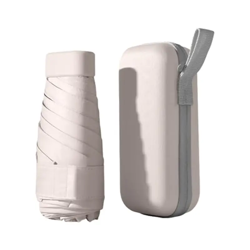 Wisebom Mini Ombrello con Custodia, 6 Costole Ombrello da Viaggio Pieghevole Ombrello Ultraleggero Portatile, UPF>50+ Ombrello da Sole/Pioggia/Antivento per Donne Uomini Bambini (Beige)