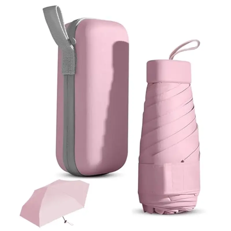 Wisebom Mini Ombrello con Custodia, 6 Costole Ombrello da Viaggio Pieghevole Ombrello Ultraleggero Portatile, UPF>50+ Ombrello da Sole/Pioggia/Antivento per Donne Uomini Bambini (Rosa)