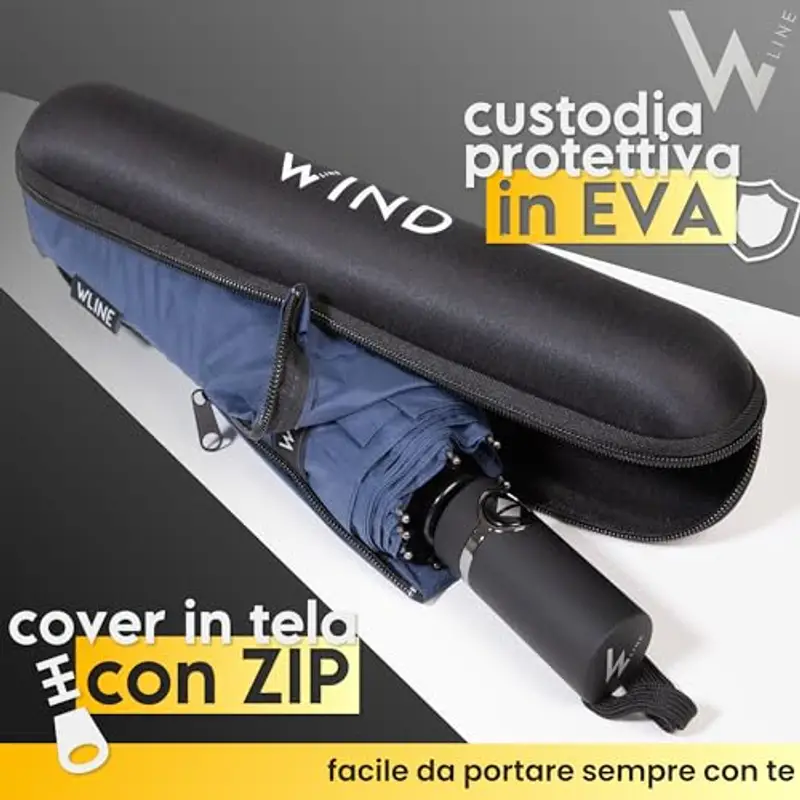 WLine Wind Ombrello Pieghevole Antivento da Pioggia - Apertura e Chiusura Automatica, Stoffa Teflon, Struttura Ultraresistente, Custodia, Diametro 104cm (Blu con Custodia) miniatura 2