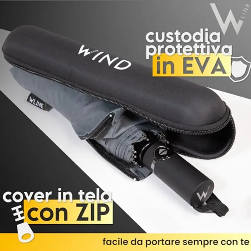 WLine Wind Ombrello Pieghevole Antivento da Pioggia - Apertura e Chiusura Automatica, Stoffa Teflon, Struttura Ultraresistente, Custodia, Diametro 104cm (Grigio con Custodia) miniatura 2