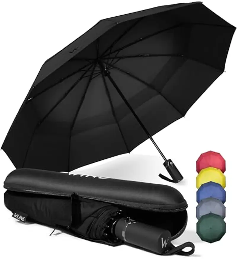 WLine Wind Ombrello Pieghevole Antivento da Pioggia - Apertura e Chiusura Automatica, Stoffa Teflon, Struttura Ultraresistente, Custodia, Diametro 104cm (Nero con Custodia)