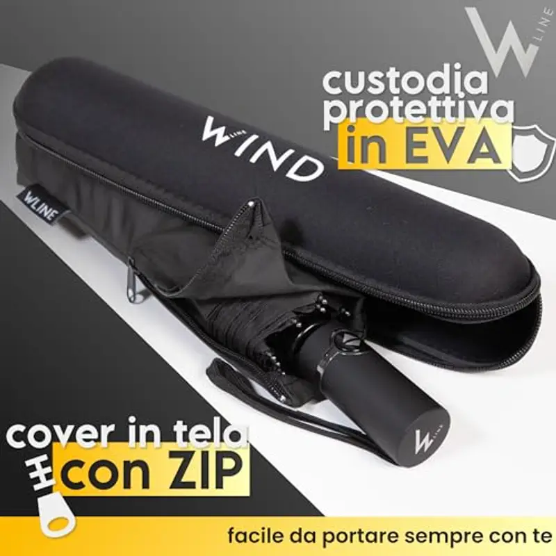 WLine Wind Ombrello Pieghevole Antivento da Pioggia - Apertura e Chiusura Automatica, Stoffa Teflon, Struttura Ultraresistente, Custodia, Diametro 104cm (Nero con Custodia) miniatura 2