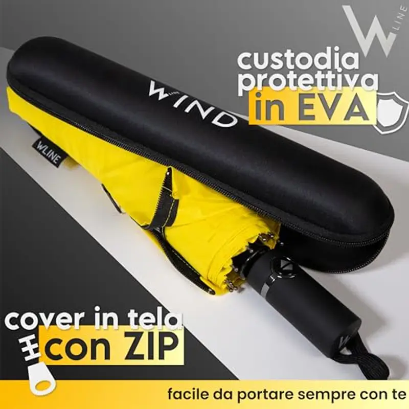 WLine Wind Ombrello Pieghevole Antivento da Pioggia con Apertura e Chiusura Automatica, Stoffa Teflon, Struttura Ultraresistente, Diametro 104cm (Giallo con Custodia) miniatura 2