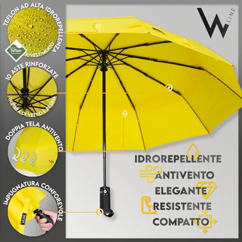 WLine Wind Ombrello Pieghevole Antivento da Pioggia con Apertura e Chiusura Automatica, Stoffa Teflon, Struttura Ultraresistente, Diametro 104cm (Giallo senza Custodia) miniatura 2