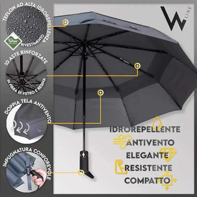 WLine Wind Ombrello Pieghevole Antivento da Pioggia con Apertura e Chiusura Automatica, Stoffa Teflon, Struttura Ultraresistente, Diametro 104cm (Grigio senza Custodia) miniatura 2