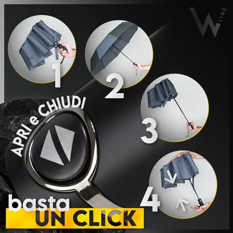 WLine Wind Ombrello Pieghevole Antivento da Pioggia con Apertura e Chiusura Automatica, Stoffa Teflon, Struttura Ultraresistente, Diametro 104cm (Grigio senza Custodia) miniatura 3