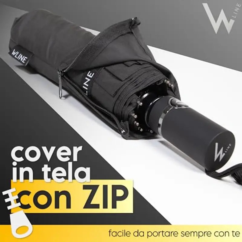 WLine Wind Ombrello Pieghevole Antivento da Pioggia con Apertura e Chiusura Automatica, Stoffa Teflon, Struttura Ultraresistente, Diametro 104cm (Nero senza Custodia) miniatura 2