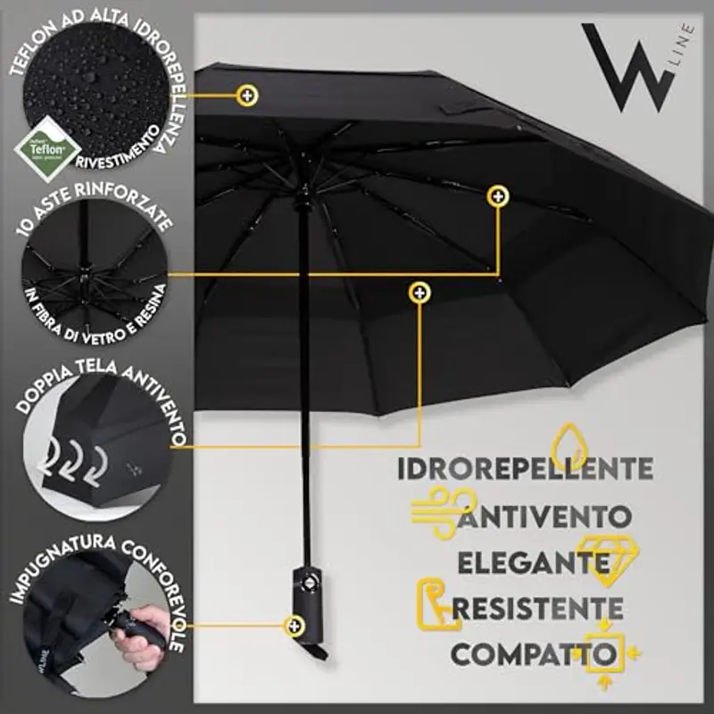 WLine Wind Ombrello Pieghevole Antivento da Pioggia con Apertura e Chiusura Automatica, Stoffa Teflon, Struttura Ultraresistente, Diametro 104cm (Nero senza Custodia) miniatura 3