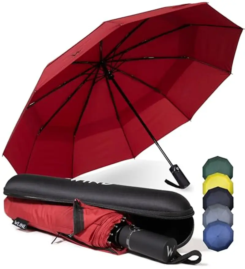 WLine Wind Ombrello Pieghevole Antivento da Pioggia con Apertura e Chiusura Automatica, Stoffa Teflon, Struttura Ultraresistente, Diametro 104cm (Rosso con Custodia)