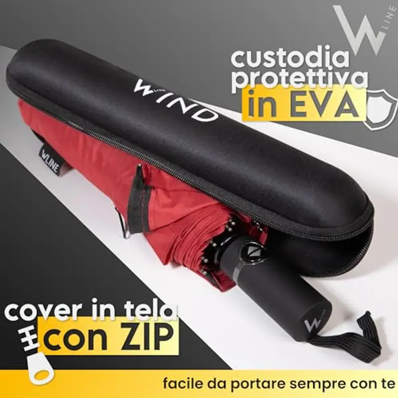 WLine Wind Ombrello Pieghevole Antivento da Pioggia con Apertura e Chiusura Automatica, Stoffa Teflon, Struttura Ultraresistente, Diametro 104cm (Rosso con Custodia) miniatura 2