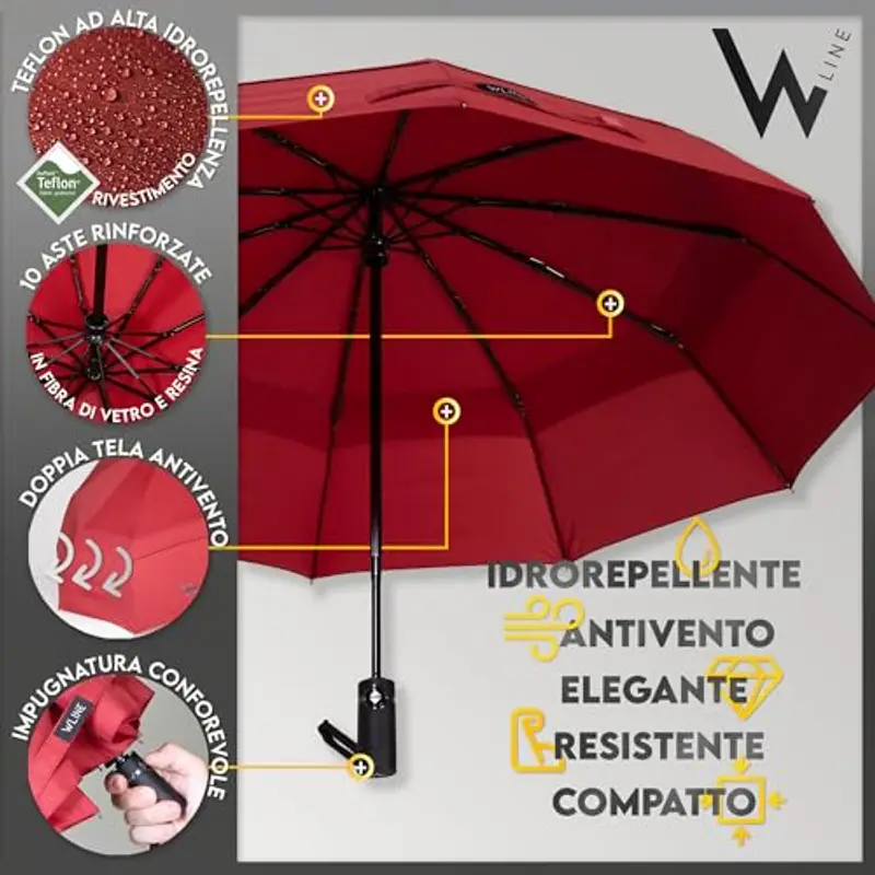 WLine Wind Ombrello Pieghevole Antivento da Pioggia con Apertura e Chiusura Automatica, Stoffa Teflon, Struttura Ultraresistente, Diametro 104cm (Rosso con Custodia) miniatura 3