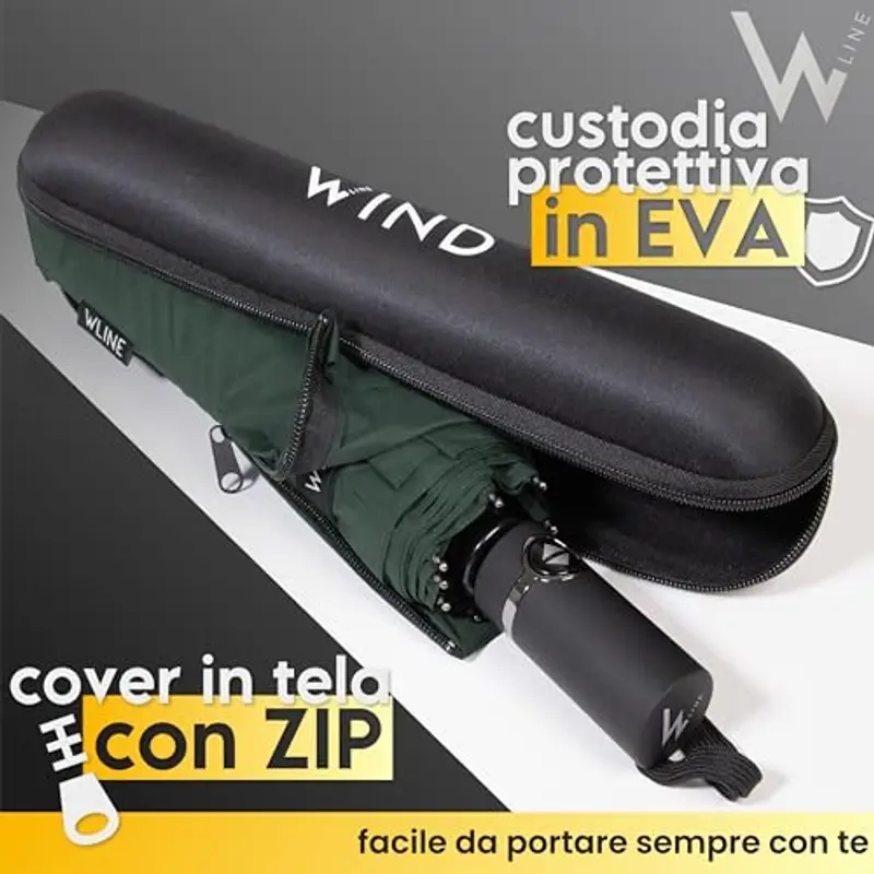 WLine Wind Ombrello Pieghevole Antivento da Pioggia con Apertura e Chiusura Automatica, Stoffa Teflon, Struttura Ultraresistente, Diametro 104cm (Verde con Custodia) miniatura 2