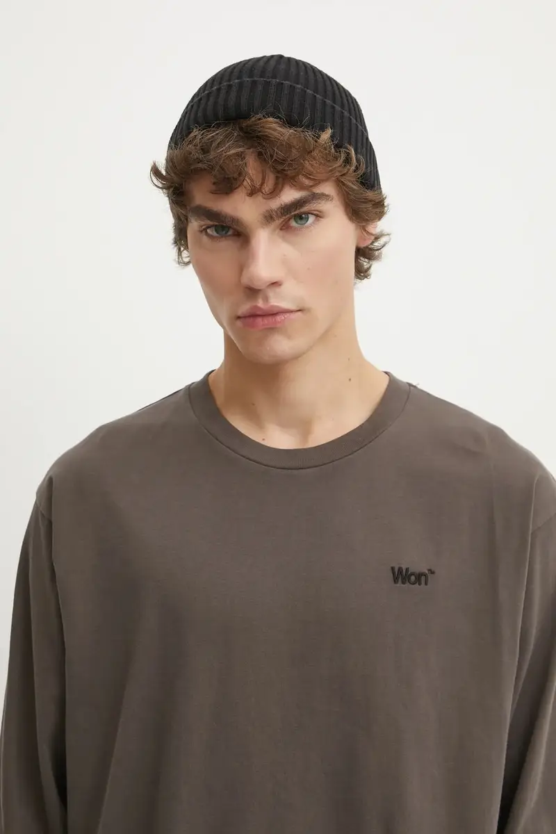 top a maniche lunghe in cotone colore marrone con applicazione 3417-12063 miniatura 4