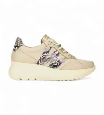 per donna A-4002 Sneakers Samira in pelle beige con stampa serpente (37), 3 a 5cm, Stringhe, Casual Argento