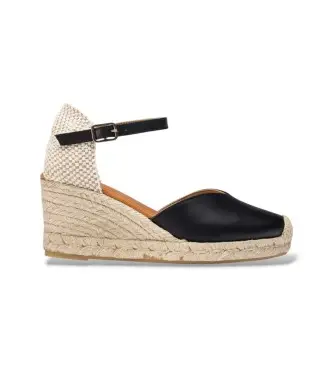 per donna YD-SI685 Espadrillas nere con zeppa (36), Pelle, Basso, 3 a 5cm, Fibbia, Casual Naturale