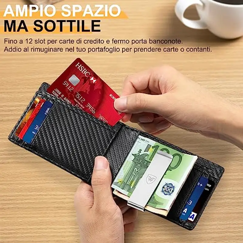 WONSEFOO Portafoglio Uomo Slim RFID Blocking in Fibra di Carbonio con 12 Slot per Carte di Credito, Bi-Fold - Nero miniatura 2