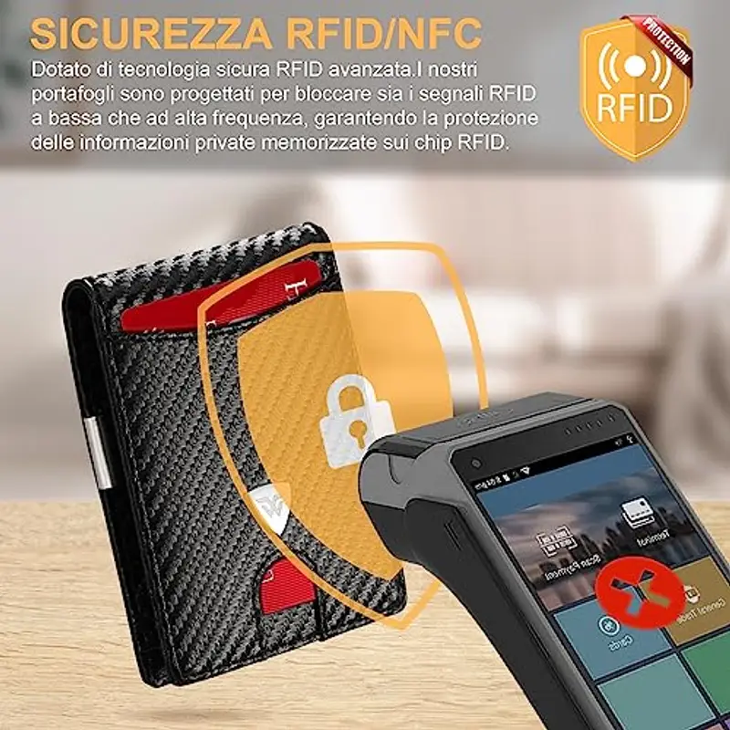 WONSEFOO Portafoglio Uomo Slim RFID Blocking in Fibra di Carbonio con 12 Slot per Carte di Credito, Bi-Fold - Nero miniatura 3
