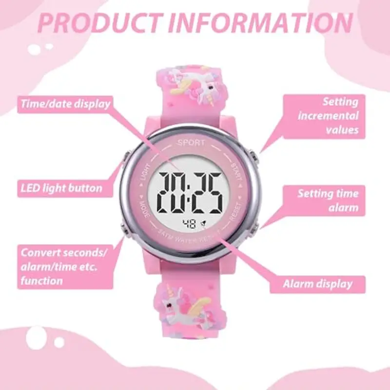 Wonvify Orologio Digitale Educativo per Bambini, Orologio da Polso in Silicone con Cartoni Animati 3D, Luce Lampeggiante a LED a 7 Colori, Orologio Bimba Regalo Multifunzione per Ragazze 3 ai 12 Anni miniatura 3