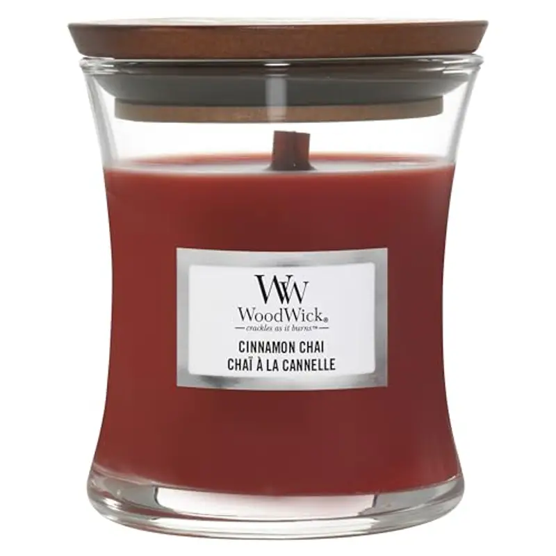 WoodWick Candela profumata con stoppino scoppiettante | Candela a clessidra piccola Chai alla cannella | Fino a 20 ore