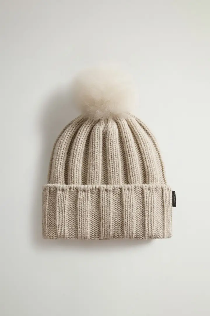Berretto da bambina in pura lana vergine con pompon rimovibile Beige Oatmeal