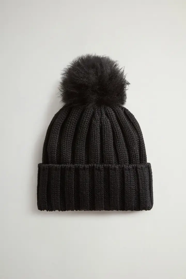 Berretto da bambina in pura lana vergine con pompon rimovibile Nero Black