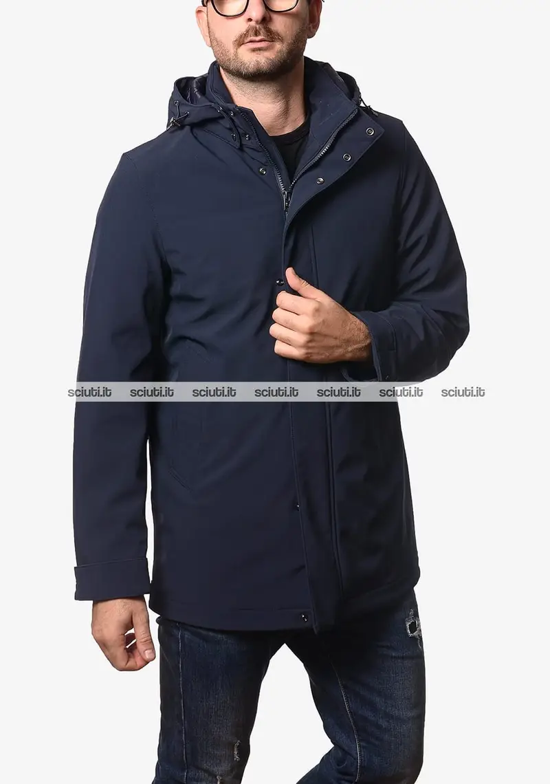 Cappotto Woolrich uomo blu scuro pesante in softshell Barrow mac