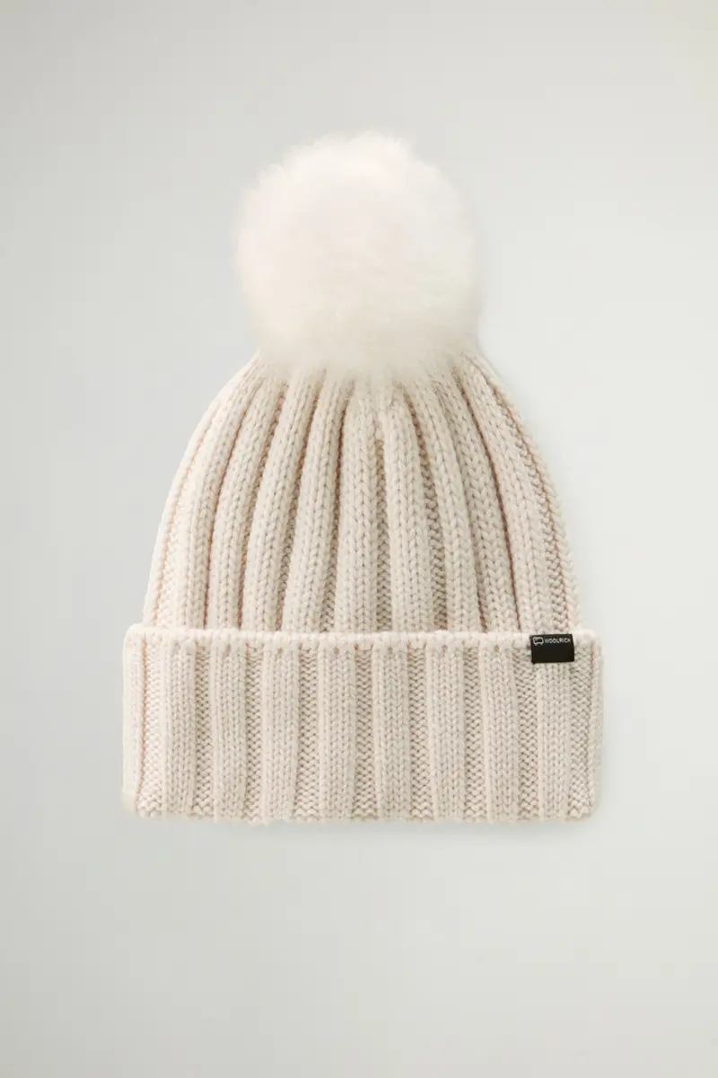 Donna Berretto in lana vergine Merino con pompon in cashmere rimovibile Bianco Milky Cream