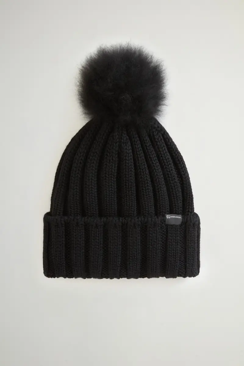 Donna Berretto in lana vergine Merino con pompon in cashmere rimovibile Nero Black