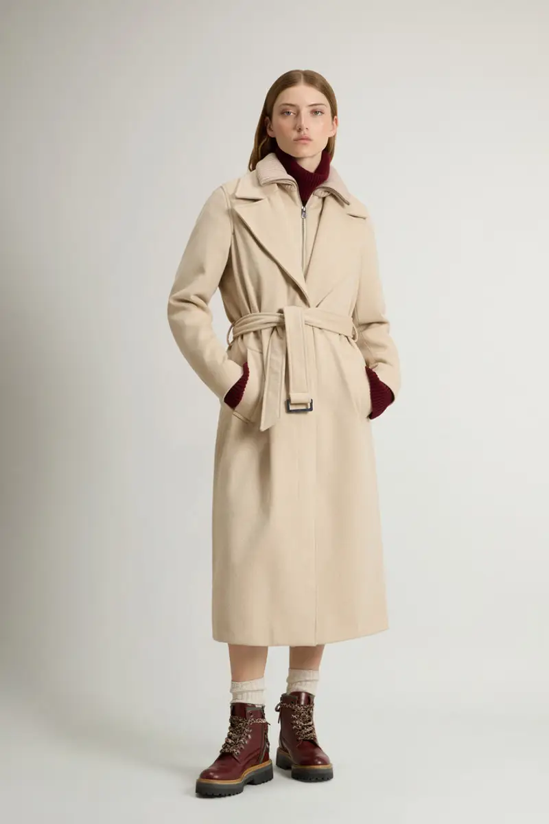Woolrich Donna Cappotto in pura lana vergine italiana realizzato utilizzando un tessuto Loro Piana Beige Taglia XS