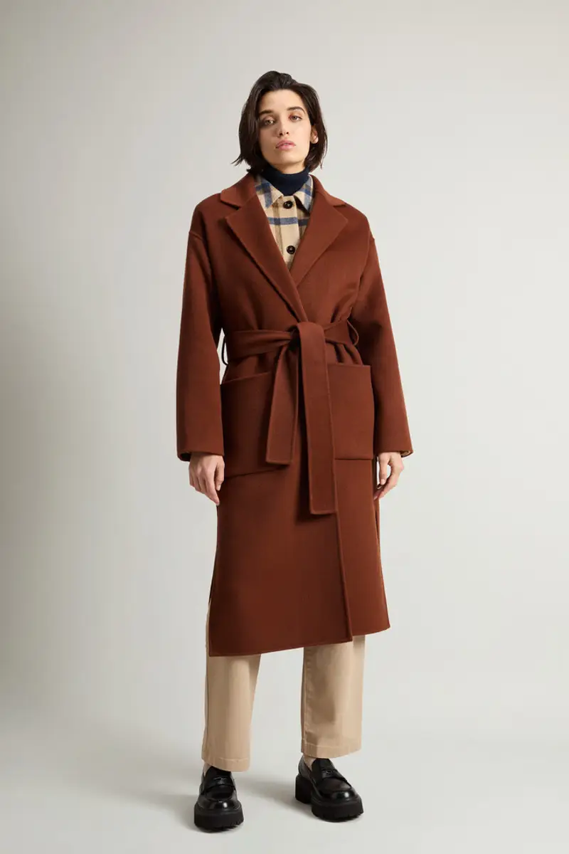 Woolrich Donna Cappotto lungo in pura lana vergine con cintura Marrone Taglia XXS