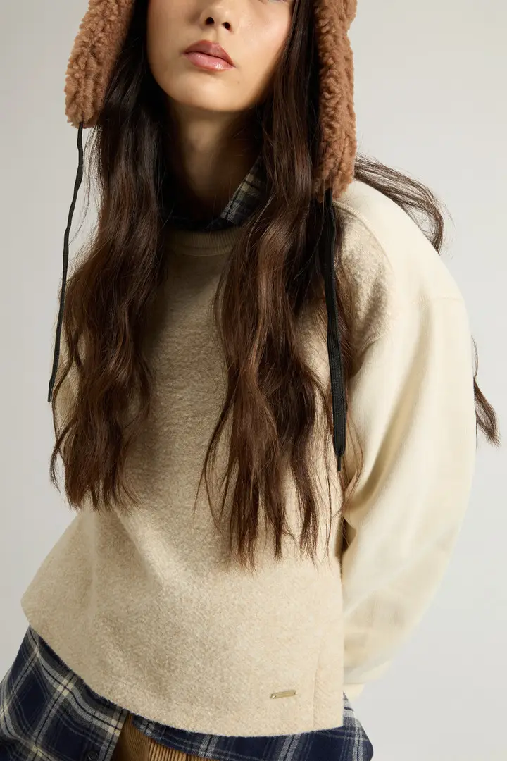 Donna Felpa girocollo in puro cotone spazzolato Beige Beige Herringbone miniatura 3